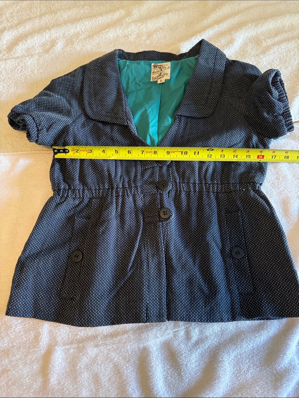 Tulle Navy Blue Dot Short Sleeve Blazer with Teal Lining - Picture 5 of 6